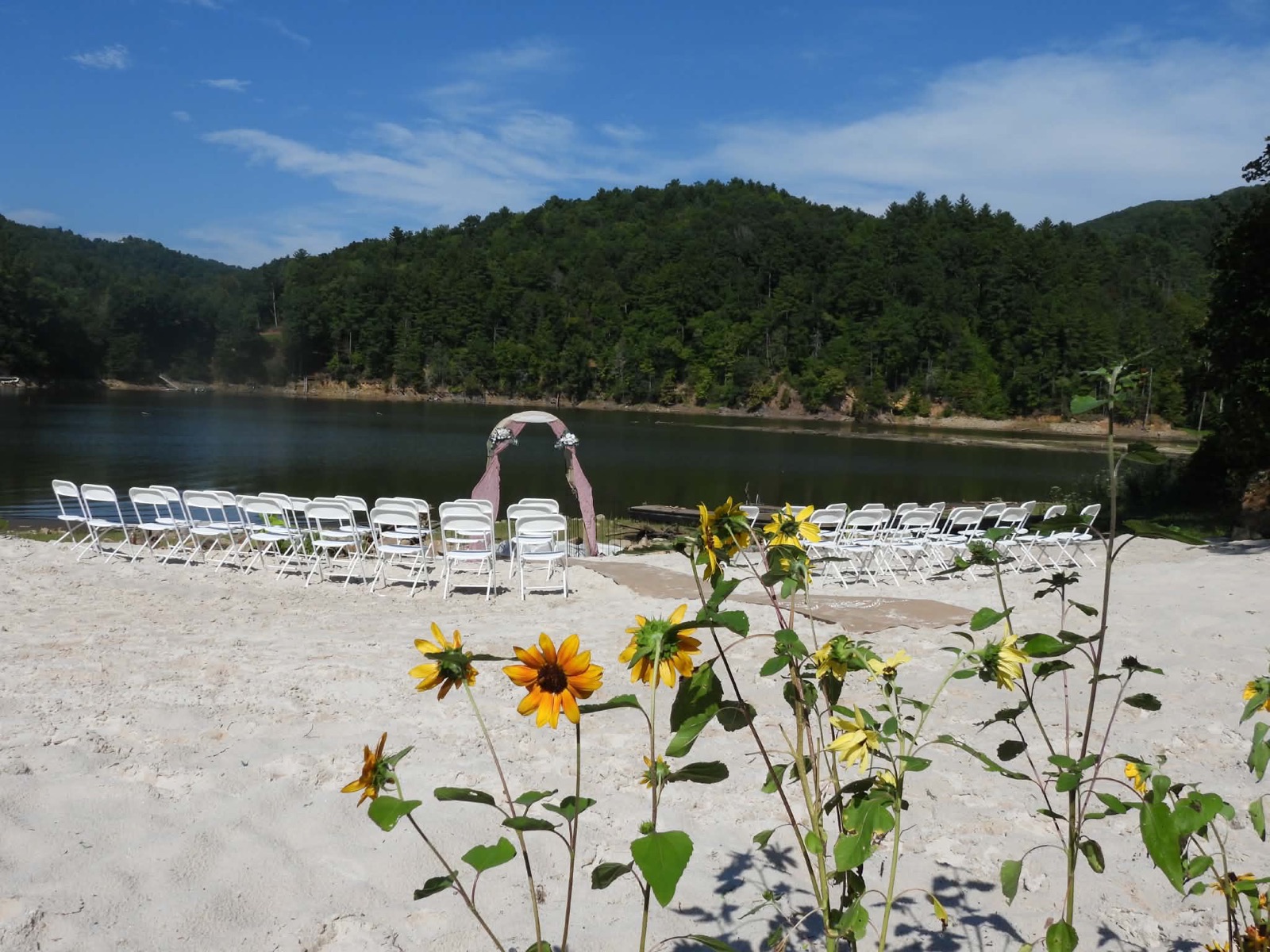 Sunflowers framing the beach ceremony seating by the lake
