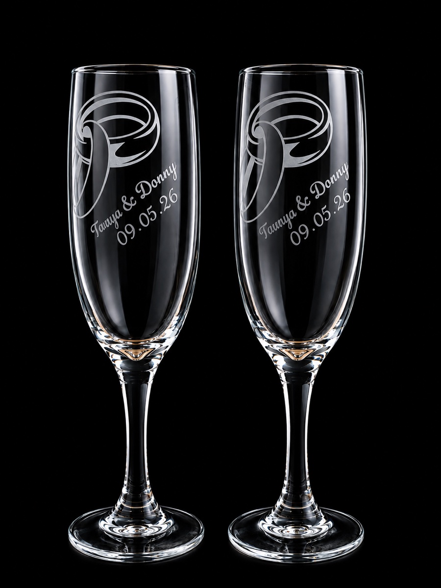 Pair of champagne flutes custom engraved with a couple's names and wedding date