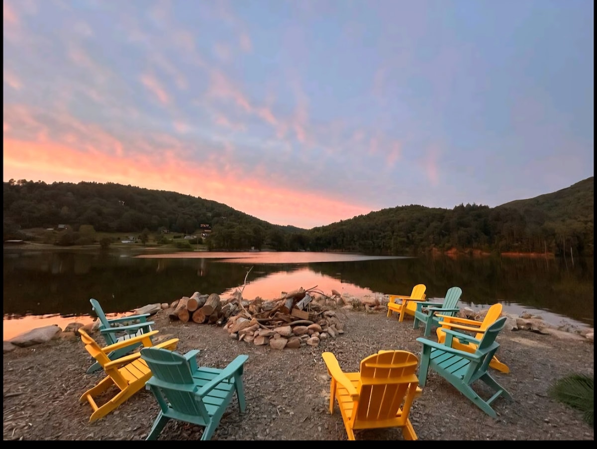 Salmon-pink sunset sky over the firepit